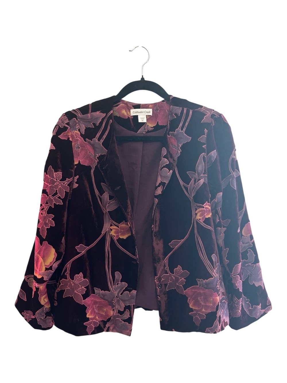 Vintage 90s/Y2K Coldwater Creek Burgundy & Pink Velvet Floral Blouse XS
